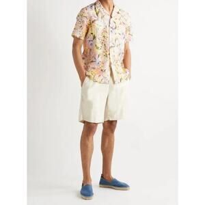 120% Lino Camp Shirt XL Pink Yellow Tropical Floral Linen Button Down Beachy